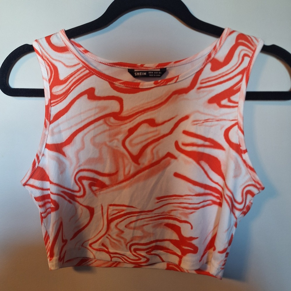 SHEIN Orange White Marble Swirl Ribbed Knit Sleeveless Crop Top Tank Size Medium